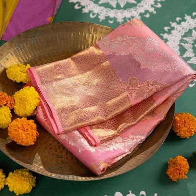 Kanchipuram Silk Leheriya Jaal Rangkat Pink Saree