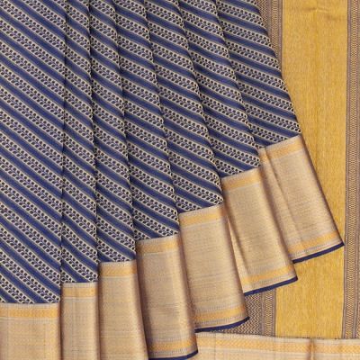 Classic Kanchipuram Silk Threaded Diagonal Lines Dark Blue Saree