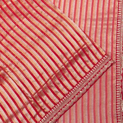 Organza Vertical Lines Redish Pink Saree With Embroidery Border