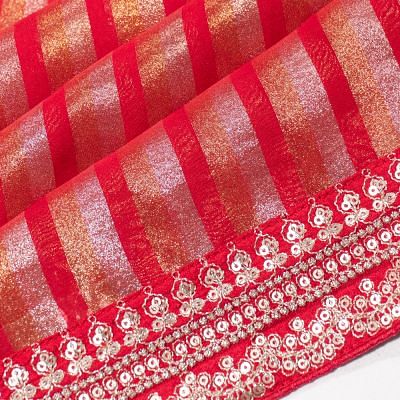 Organza Vertical Lines Redish Pink Saree With Embroidery Border