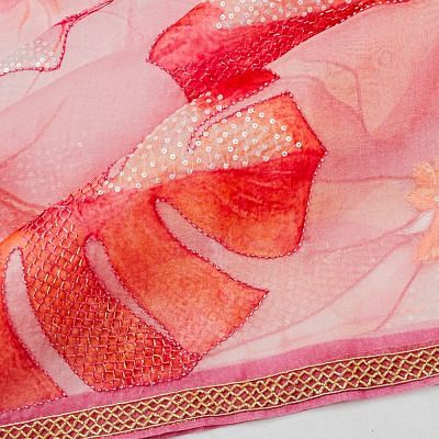 Organza Floral Printed Pink Saree With Sequin Work