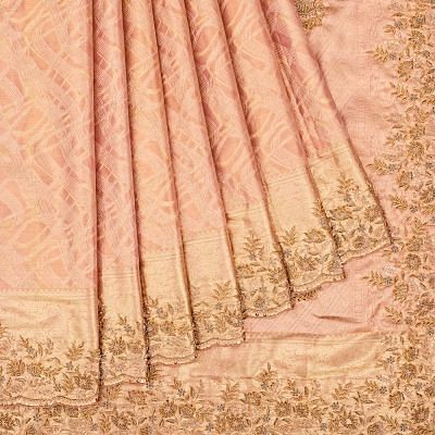 Kanchipuram Silk Tissue Brocade Pink Saree With Zardosi Work