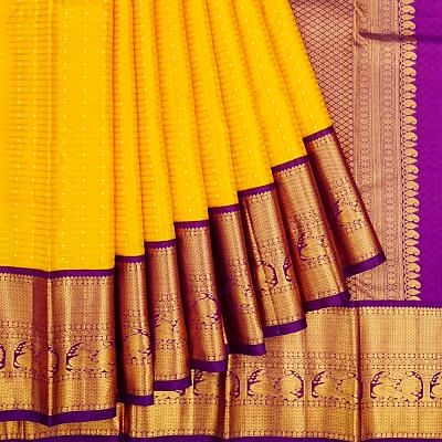 Kanchipuram Silk Checks And Butta Yellow Saree