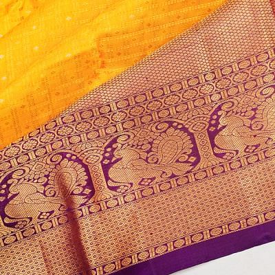 Kanchipuram Silk Checks And Butta Yellow Saree