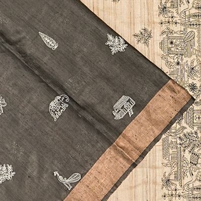 Tussar Butta Grey Saree With Warli Embroidery Pallu