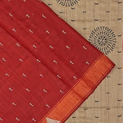 Tussar Butta Red Saree With Warli Embroidery Pallu