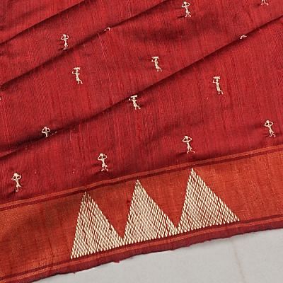 Tussar Butta Red Saree With Warli Embroidery Pallu