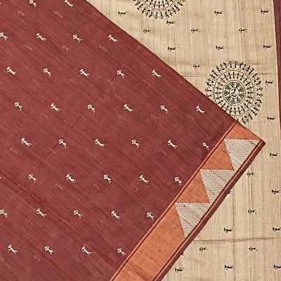 Tussar Butta Brown Saree With Warli Embroidery Pallu