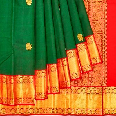 Kanchipuram Silk Butta Bottle Green Saree