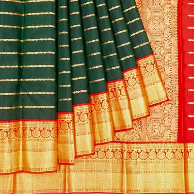 Kanchipuram Silk Horizontal Lines Bottle Green Saree