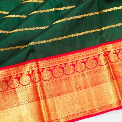 Kanchipuram Silk Horizontal Lines Bottle Green Saree