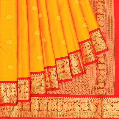 Kanchipuram Silk Butta Yellow Saree With Ganga Jamuna Border