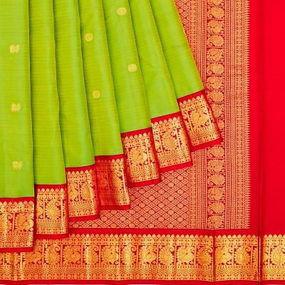 Kanchipuram Silk Butta Parrot Green Saree With Ganga Jamuna Border