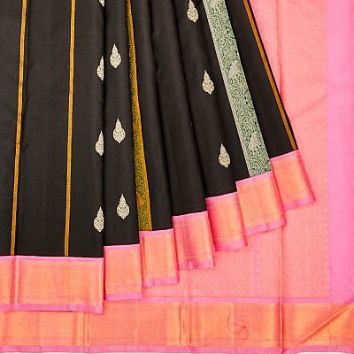 Kanchipuram Silk Vertical Lines Black Saree