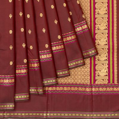 Classic Kanchipuram Silk Butta Brown Saree With Rettai Pettu Border