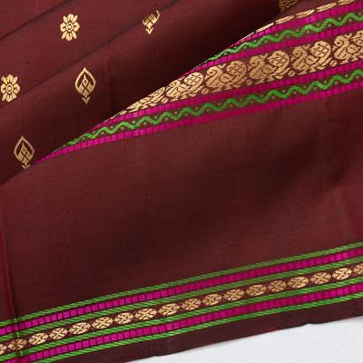 Classic Kanchipuram Silk Butta Brown Saree With Rettai Pettu Border