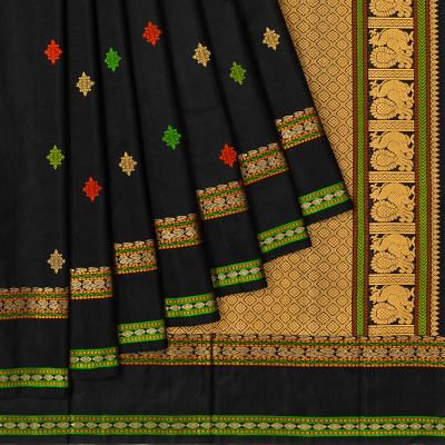 Classic Kanchipuram Silk Resham Butta Black Saree With Rettai Pettu Border