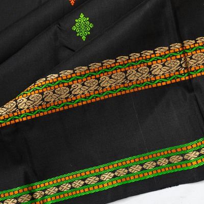 Classic Kanchipuram Silk Resham Butta Black Saree With Rettai Pettu Border