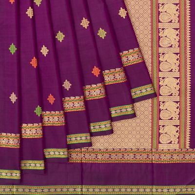 Classic Kanchipuram Silk Resham Butta Purple Saree With Rettai Pettu Border