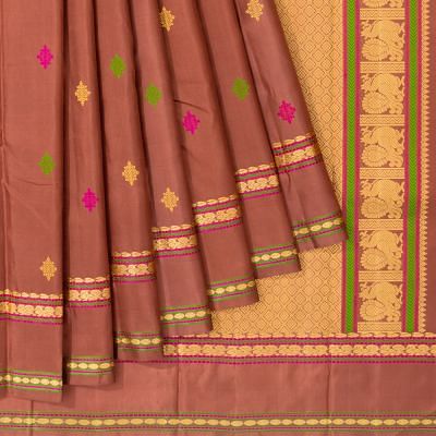 Classic Kanchipuram Silk Resham Butta Choco Brown Saree With Rettai Pettu Border