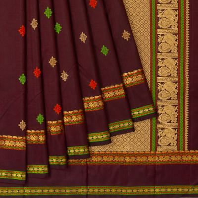 Classic Kanchipuram Silk Resham Butta Brown Saree With Rettai Pettu Border