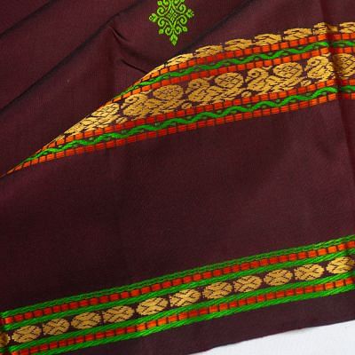 Classic Kanchipuram Silk Resham Butta Brown Saree With Rettai Pettu Border