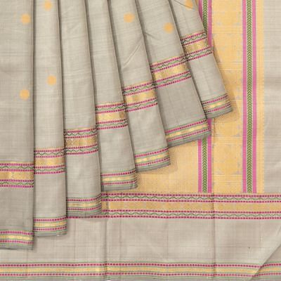 Classic Kanchipuram Silk Butta Pastel Grey Saree With Rettai Pettu Border