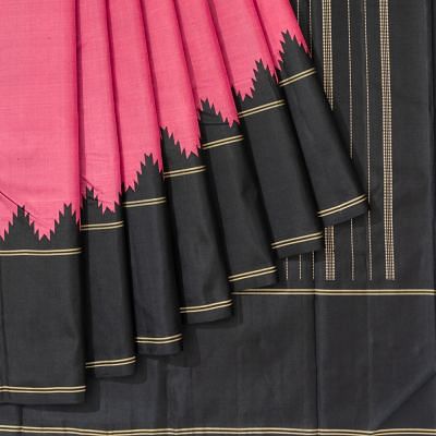 Classic Kanchipuram Silk Plain Pink Saree With Rettai Pettu Border