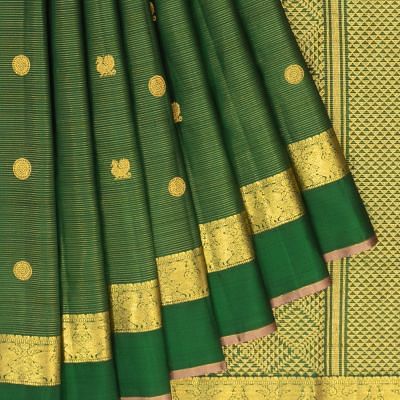 Kanchipuram Silk Oosi Lines And Butta Dark Green Saree