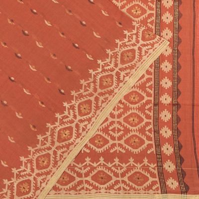 Dhakai Muslin Jamdani Cotton Butta Rust Red Saree