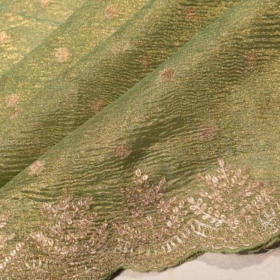 Organza Crushed Tissue Butta Parrot Green Saree With Scallop Border