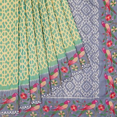 Pochampally Silk Ikat Green And Yellow Saree With Scallop Border