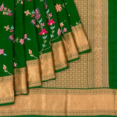 Soft Silk Embroidery Jaal Dark Green Saree