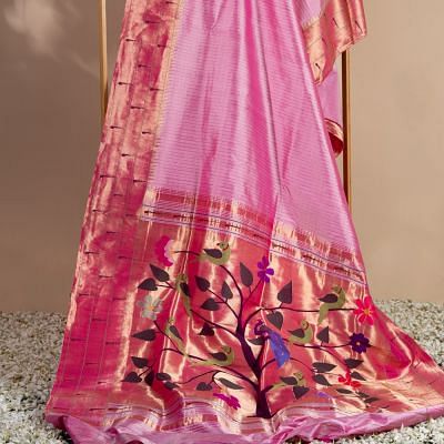 Paithani Silk Vertical Lines Pink Saree