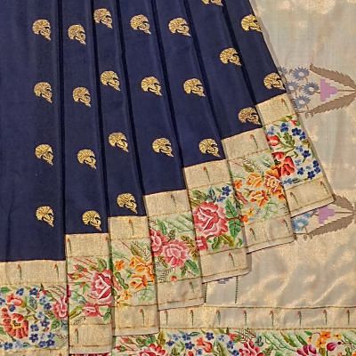 Petit Point X Kanchipuram Silk Butta Dark Blue Saree