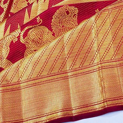 Kanchipuram Silk Lion Butta Red Saree