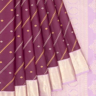 Classic Kanchipuram Silk Diagonal Lines And Butta Purple Saree