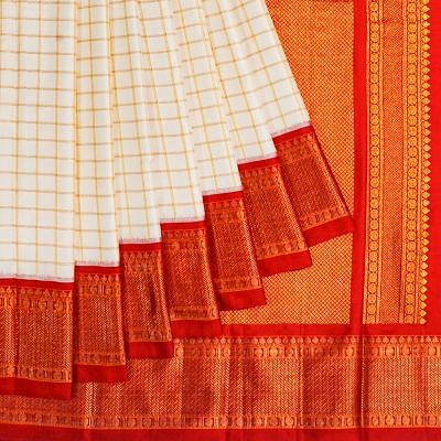 Kanchipuram Silk Twill Checks White Saree