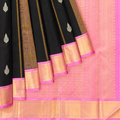 Classic Kanchipuram Silk Vertical Lines And Butta Black Saree