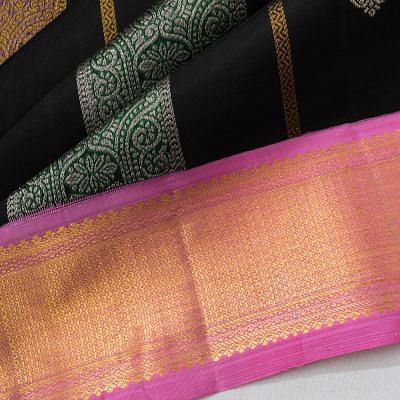 Classic Kanchipuram Silk Vertical Lines And Butta Black Saree