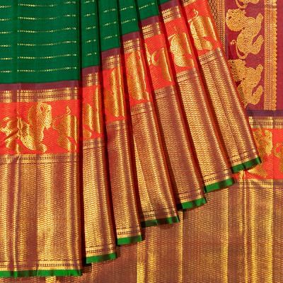 Kanchipuram Silk Horizontal Lines Dark Green Saree