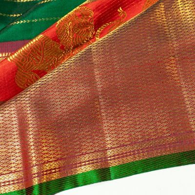 Kanchipuram Silk Horizontal Lines Dark Green Saree