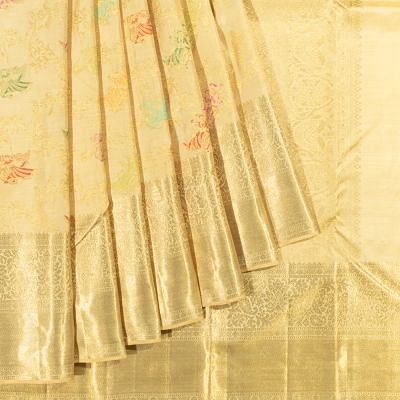 Kanchipuram Silk Meenakari Jaal Cream Saree With Radha Krishna Motifs