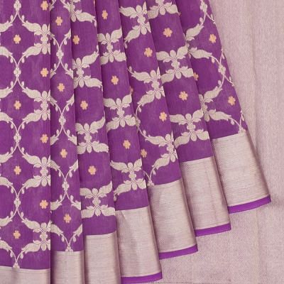 Pure Chanderi Silk Jaal And Butta Violet Saree