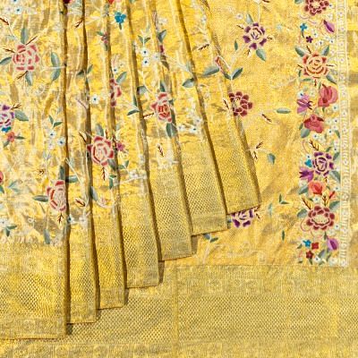 Parsi Gara X Kanchipuram Silk Tissue Jaal Gold Saree