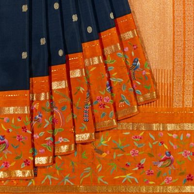 Petit Point X Kanchipuram Silk Butta Midnight Blue Saree