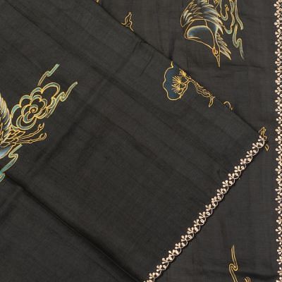 Tussar Plain Black Saree With Printed Pallu