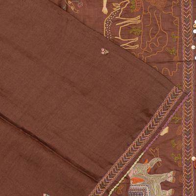 Tussar Plain Brown Saree With Embroidery