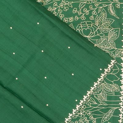 Tussar Embroidery Butta Dark Green Saree With Scallop Border