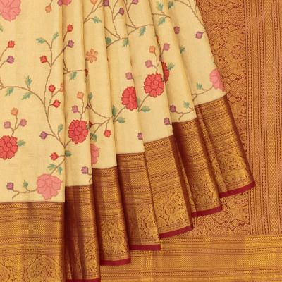 Kanchipuram Silk Oosi Lines And Embroidery Cream Saree